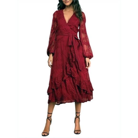 Lulu's Faux Wrap Midi Dress Large Party Holiday Chiffon Embroidered Asymmetrical - Picture 6 of 17